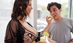 Dark-haired housewife tempts plus copulates youthful conjoin dear boy
